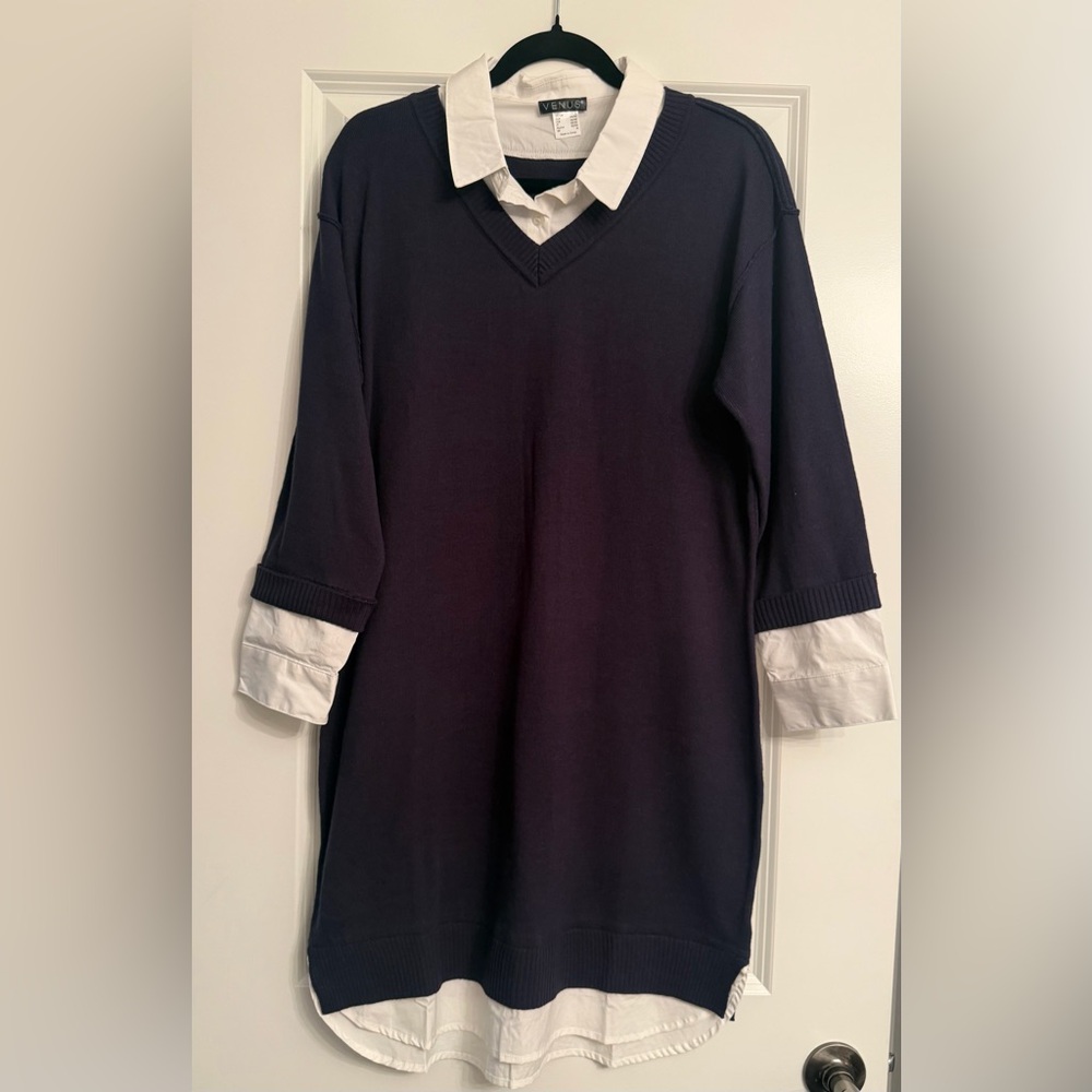 VENUS Women’s Navy Blue V-Neck Sweater Tunic Dress with White Shirt Layer